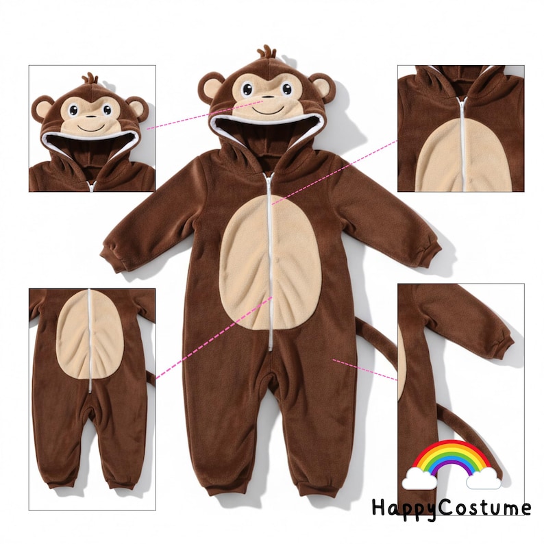 May include: Brown monkey-themed jumpsuit with a hood featuring a monkey face. The jumpsuit has a beige belly and a tail. The zipper runs down the front. The HappyCostume logo is visible in the bottom right corner.