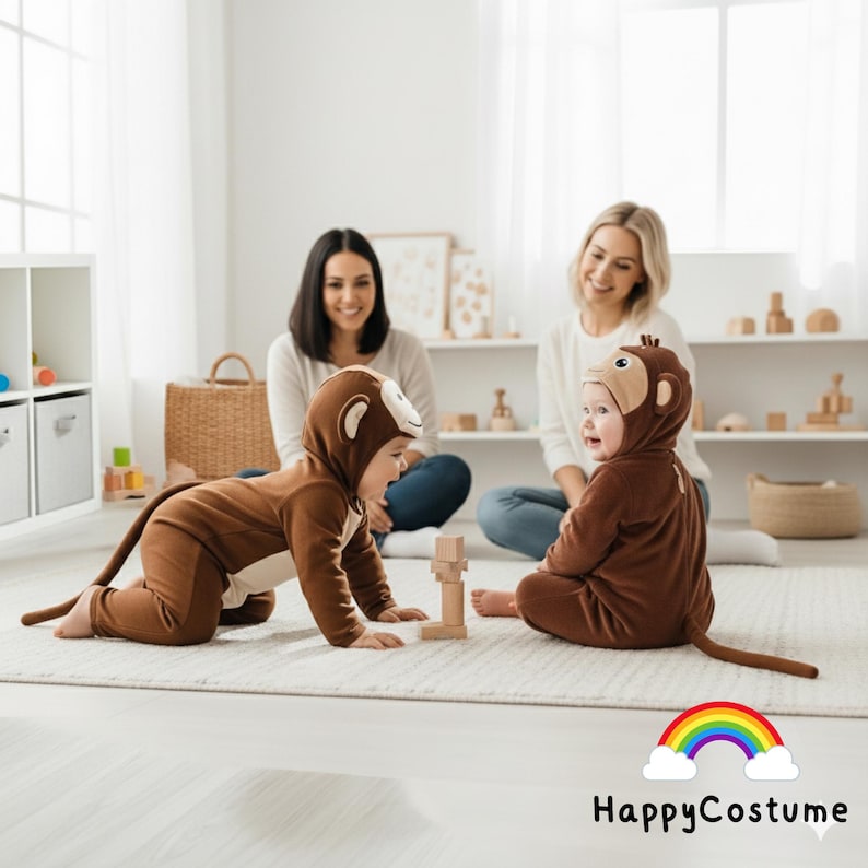 May include: Two toddlers in brown monkey costumes with tails and monkey-faced hoods. They are playing on a rug, watched by two adults. The image includes the text "HappyCostume" with a rainbow.