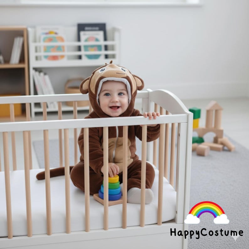 May include: A baby wearing a brown monkey costume sits in a white cot. The costume has a monkey face hood and a long tail. The baby is playing with a colourful stacking toy. The image includes the text "HappyCostume" and a rainbow.