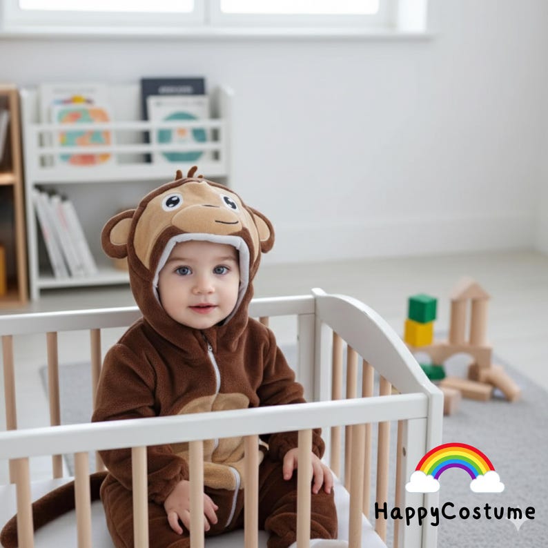 May include: A brown monkey costume with a hood featuring a monkey face, worn by a baby. The costume has a zip closure and a tail. The baby is sitting in a white cot. The text "HappyCostume" is displayed with a rainbow.