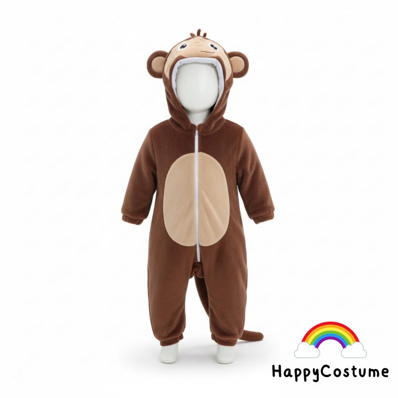 May include: Brown monkey costume for a baby or toddler. The hooded jumpsuit features a tan face and belly, with a zip closure. The costume includes a tail and is designed to look like a monkey. The HappyCostume logo is in the bottom right corner.
