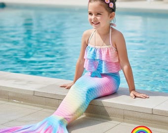 Rainbow Mermaid Tail Swimsuit – Girls 2-Piece Pool Costume
