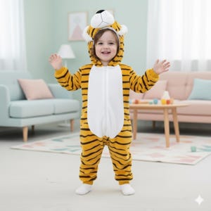 May include: A child wearing a yellow and black tiger costume with a hood. The costume has a white front panel and a zipper closure. The child is smiling and has their arms outstretched. The background includes a light blue sofa, a rug, and a small wooden table.
