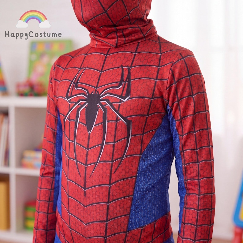 May include: A red and blue long-sleeve bodysuit costume featuring a black spider emblem on the chest and a black web pattern printed across the red sections. The garment includes a matching hood that covers the head and neck area completely.