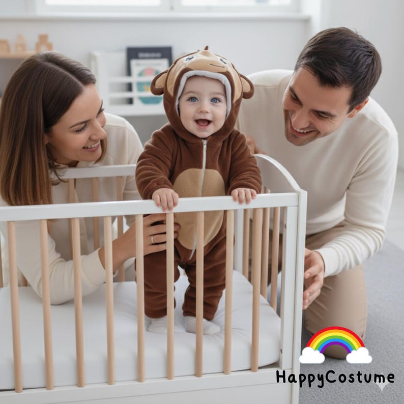May include: A baby in a brown monkey costume smiles in a white cot. The costume features a monkey face hood and a tan belly. Parents are smiling and looking at the baby. The HappyCostume logo is in the bottom right corner.