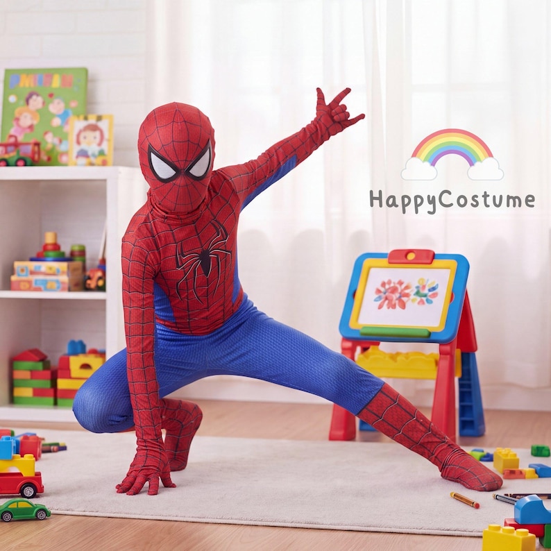 May include: A full-body red and blue superhero costume featuring a black spider web pattern, a central black spider emblem, and a matching full-head mask with white eye lenses. The costume includes long sleeves and pants with integrated gloves and feet.