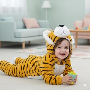 May include: A child wearing a yellow and black tiger-striped onesie with a hood featuring a tiger face. The child is holding a small, teal cup with a yellow rim and smiling. The outfit is a cozy, full-body garment.