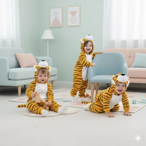 May include: Three children wearing tiger costumes with matching hoods and tails. The costumes are yellow with black stripes and white accents. One child is sitting, another is standing, and the third is crawling on the floor. The background includes furniture and a rug.