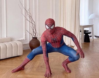 Spider Costume for Kids and Adults, Red Blue Superhero Bodysuit, Halloween Cosplay Birthday Gift
