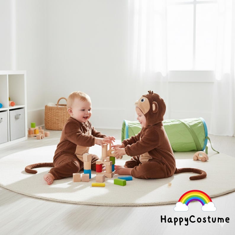 May include: Two babies in brown monkey costumes play with wooden blocks on a white rug. One costume has a monkey face hood. The blocks are various colours. A green tunnel and a rainbow logo are in the background.