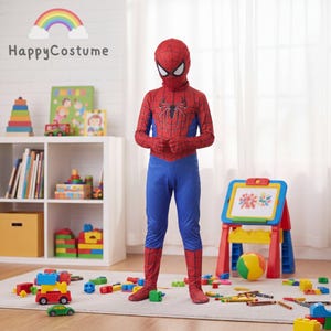May include: A full-body red and blue superhero costume featuring a black spider emblem on the chest, a matching mask with white eye lenses, and a textured fabric pattern. The suit covers the head, torso, arms, and legs in a fitted design.
