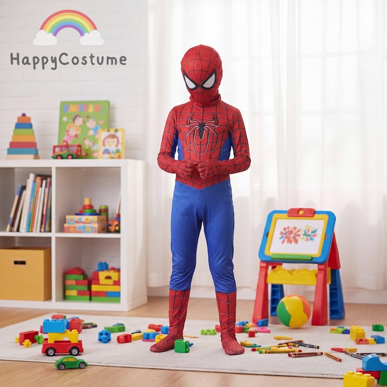 May include: A full-body red and blue superhero costume featuring a black spider emblem on the chest, a matching mask with white eye lenses, and a textured fabric pattern. The suit covers the head, torso, arms, and legs in a fitted design.