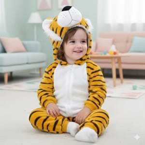 May include: A child's tiger-themed jumpsuit. The costume is primarily yellow with black stripes, a white belly, and a hood featuring a tiger face with a black nose and white fur trim. The child is smiling and wearing white socks.