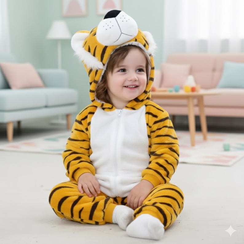 May include: A child's tiger-themed jumpsuit. The costume is primarily yellow with black stripes, a white belly, and a hood featuring a tiger face with a black nose and white fur trim. The child is smiling and wearing white socks.