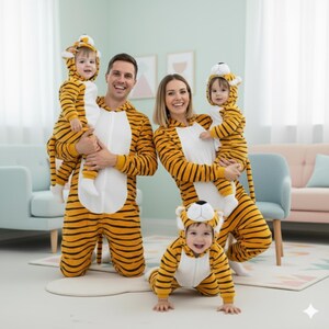 May include: A family of five wearing matching tiger-striped pajamas. The pajamas are yellow with black stripes and a white front zipper. The children wear hooded onesies with tiger faces. The family is smiling in a living room setting.