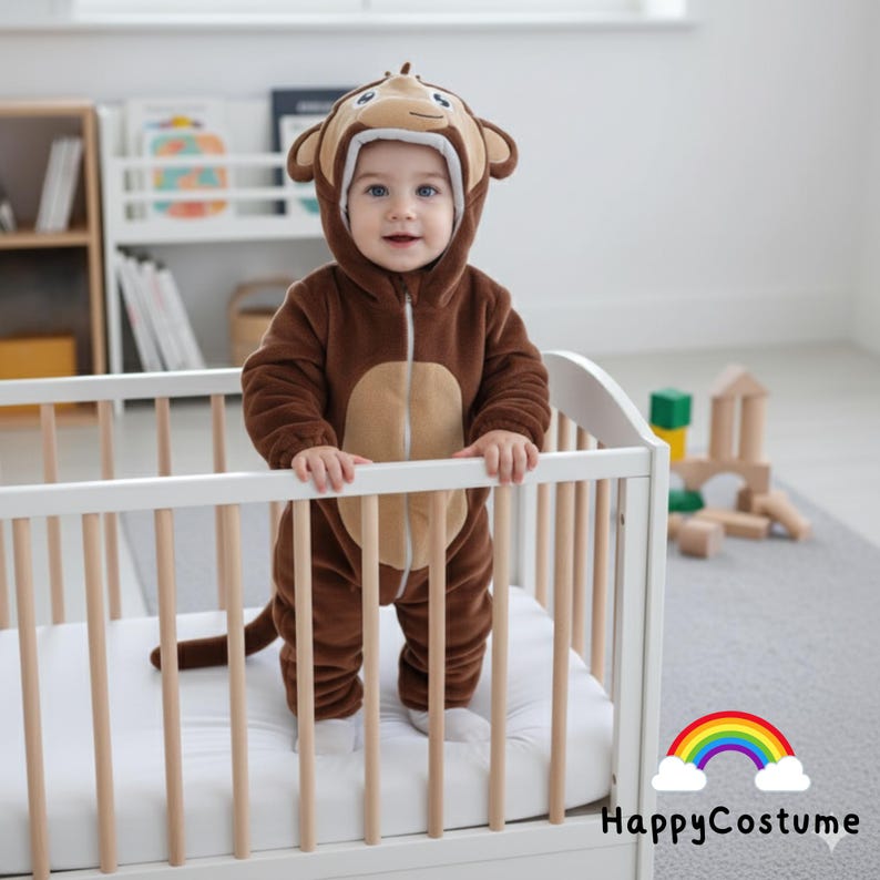 May include: A baby in a brown monkey onesie with a tan belly and hood, standing in a white cot. The costume has a zip and a monkey tail. The HappyCostume logo with a rainbow is in the bottom right corner.