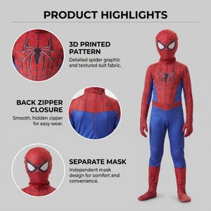 May include: A red and blue full-body superhero costume featuring a 3D printed spider pattern, a back zipper closure, and a separate matching mask. The suit includes detailed spider graphics on the chest and textured fabric throughout the design.
