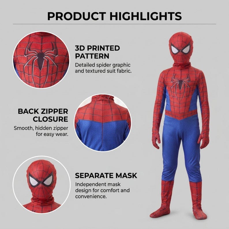 May include: A red and blue full-body superhero costume featuring a 3D printed spider pattern, a back zipper closure, and a separate matching mask. The suit includes detailed spider graphics on the chest and textured fabric throughout the design.