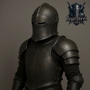 Black Barbuta Knight Armor Suit – Crusader Armor Steel Suit with Cuirass,Helmet, Bracers for LARP, Cosplay, Medieval Reenactment