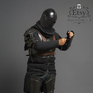 Black Knight Barbuta Armor Set – Gothic Steel Suit with Cuirass,Helmet, Bracers for LARP, Cosplay, Medieval Reenactment