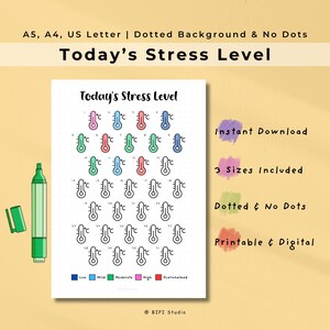 Könnte beinhalten: Ein druckbares Diagramm mit dem Titel „Today's Stress Level“ mit Thermometer-Symbolen, die Stresslevel anzeigen. Das Diagramm enthält eine farbcodierte Skala von Blau (niedrig) bis Rot (überfordert). Ein grüner Textmarker befindet sich links.