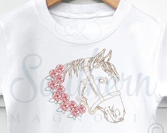 Horse with Roses, bean stitch embroidery design, horse race shirt, derby embroidery designs, quick stitch, machine embroidery design, jockey
