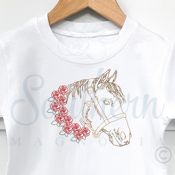 Horse with Roses, bean stitch embroidery design, horse race shirt, derby embroidery designs, quick stitch, machine embroidery design, jockey