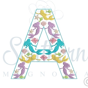 May include: A turquoise letter A with a mermaid and sea life design. The letter is outlined in turquoise and filled with mermaids, starfish, seashells, and coral in shades of pink, purple, yellow, and blue.