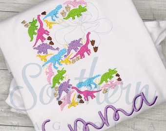 E Dinosaurus borduurontwerp | dinosaurusalfabet, dinosaurusborduurlettertype, dinosaurusletterborduurwerk, dinosauruslettertype, dinosauruscadeau voor jongen
