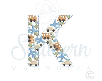 K Cars Planes Trains Alphabet Embroidery Design, car embroidery design, plane embroidery, train embroidery, baby, transportation birthday