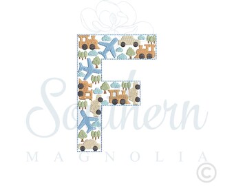 Cars, Planes, Trains Alphabet Letter 'F' Embroidery Design (Digital Download)