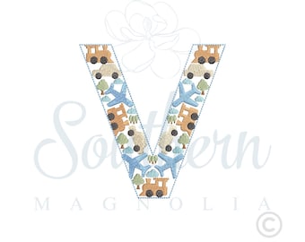 Cars, Planes, Trains Alphabet 'V' Embroidery Design (Digital Download)