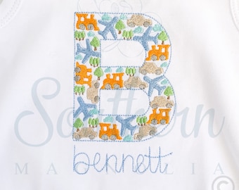 B Cars Planes Trains Alphabet Embroidery Design, car embroidery design, plane embroidery, train embroidery, baby, transportation birthday