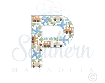 Cars, Planes, Trains Letter P Embroidery Design (Digital Download)