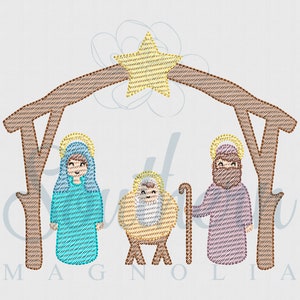 May include: Embroidered design of the nativity scene with Mary, Joseph, and baby Jesus in a manger. A star shines above the stable.