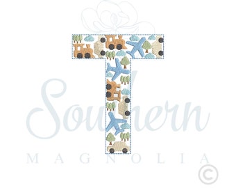 Cars Planes Trains Alphabet Letter 'T' Embroidery Design (Digital Download)