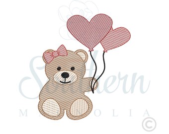Girl Bear Embroidery Design, Heart Balloons Sketch Fill (Digital Download)
