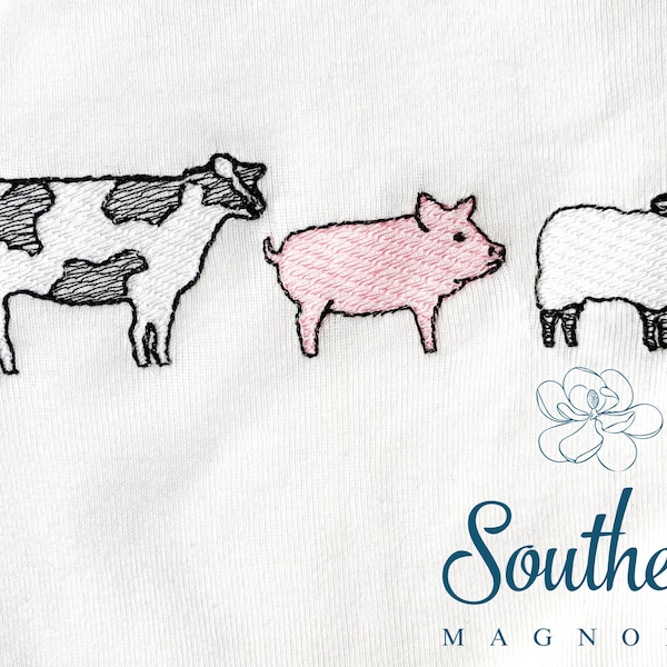 Cow, Pig, Sheep Trio Sketch Fill Embroidery Design