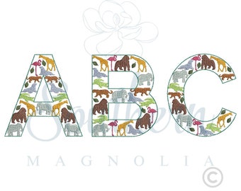 Zoo Alfabet Borduurwerk Ontwerp, dierentuin borduurwerk lettertype, safari borduurwerk applique ontwerp, safari borduurwerk dier, applique borduurlettertype