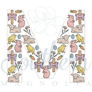 May include: An embroidered letter M with an Easter theme. The letter is outlined in orange and filled with pastel colored chicks, bunnies, lambs, crosses, and carrots.