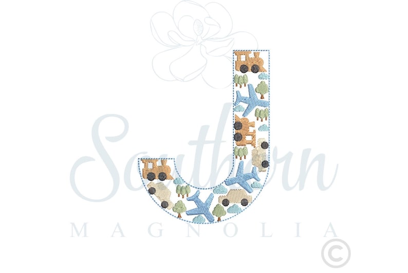 May include: Blue embroidered letter J with a pattern of aeroplanes, trains, and cars. The letter is outlined in blue and has a white background.