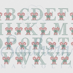 Sketch Candy Cane Bow Christmas Tree Motif Embroidery Design- Whole Uppercase Alphabet Letter Bundle