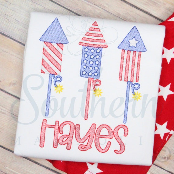 Firecracker Embroidery Design, sketch fill, july 4th embroidery design, patriotic embroidery design, Kids embroidered July 4th shirts, PES
