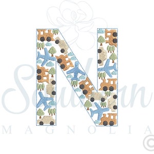 N Bilar Flygplan Tåg Alfabetsbroderidesign, bilbroderidesign, flygplansbroderi, tågbroderi, bebis, transportfödelsedag