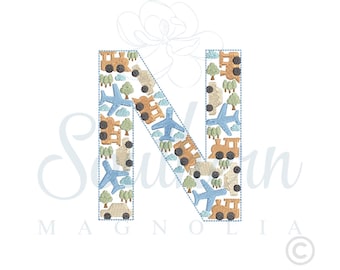 Letter N Cars, Planes, Trains Embroidery Design (Digital Download)