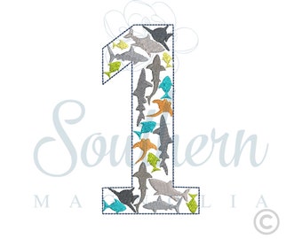 Number 1 Embroidery Design, sea creatures embroidery design, fish embroidery design, shark birthday party, shark shirt for boys