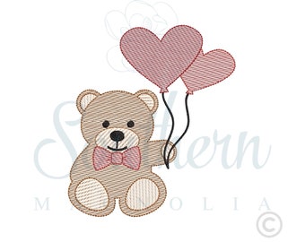 Bow Tie Bear, Heart Balloons, Sketch Fill Embroidery Design, Embroidered Valentine’s shirt, Valentine's Day Desgin, Teddy Bear, Quick Stitch