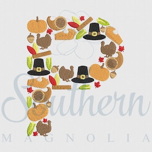 May include: A Thanksgiving-themed embroidery design featuring the letter "P" formed by various autumnal elements, including pumpkins, turkeys, pilgrim hats, and pie slices.