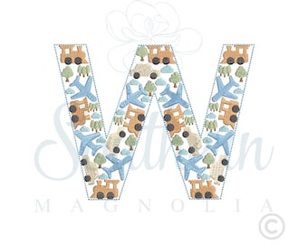 Cars Planes Trains Alphabet Letter W Embroidery Design (Digital Download)