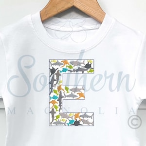 E Shark Alphabet Embroidery Design, sea creatures embroidery design, fish embroidery design, shark birthday party, shark shirt for boys, PES